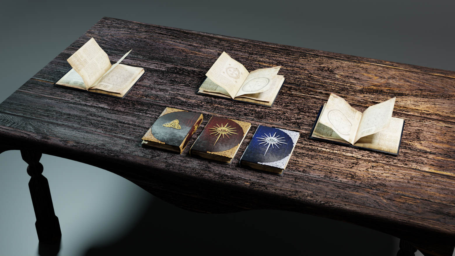 Реалистичные текстуры из фотографий после игры с цветом и контрастностью превратились в части текстур. Старая деревянная панель — в стол, кусок потертого дерматина — в обложку книги, пергаментная бумага — в страницы, поверх которых я наложила алхимические знаки из старых книг.