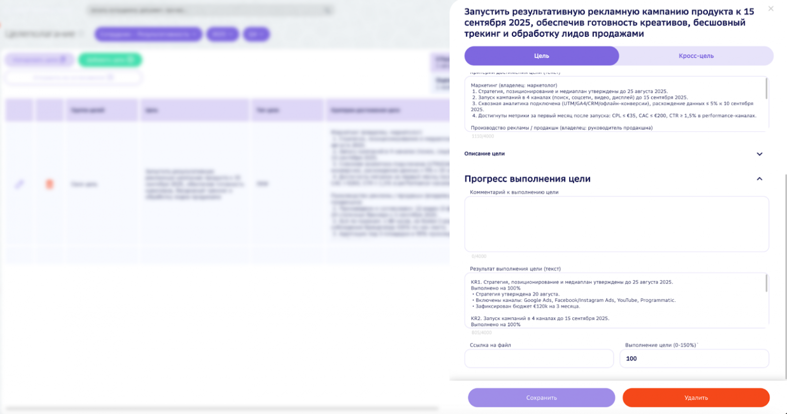 Заполнение результата по цели и прогресса выполнения.