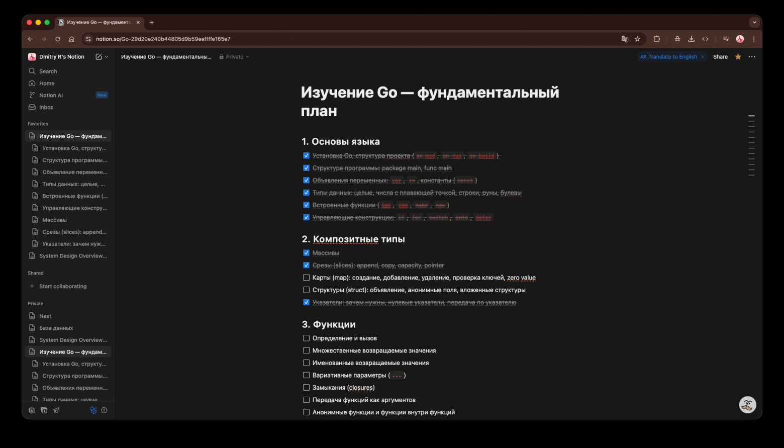 План освоения GO в Notion