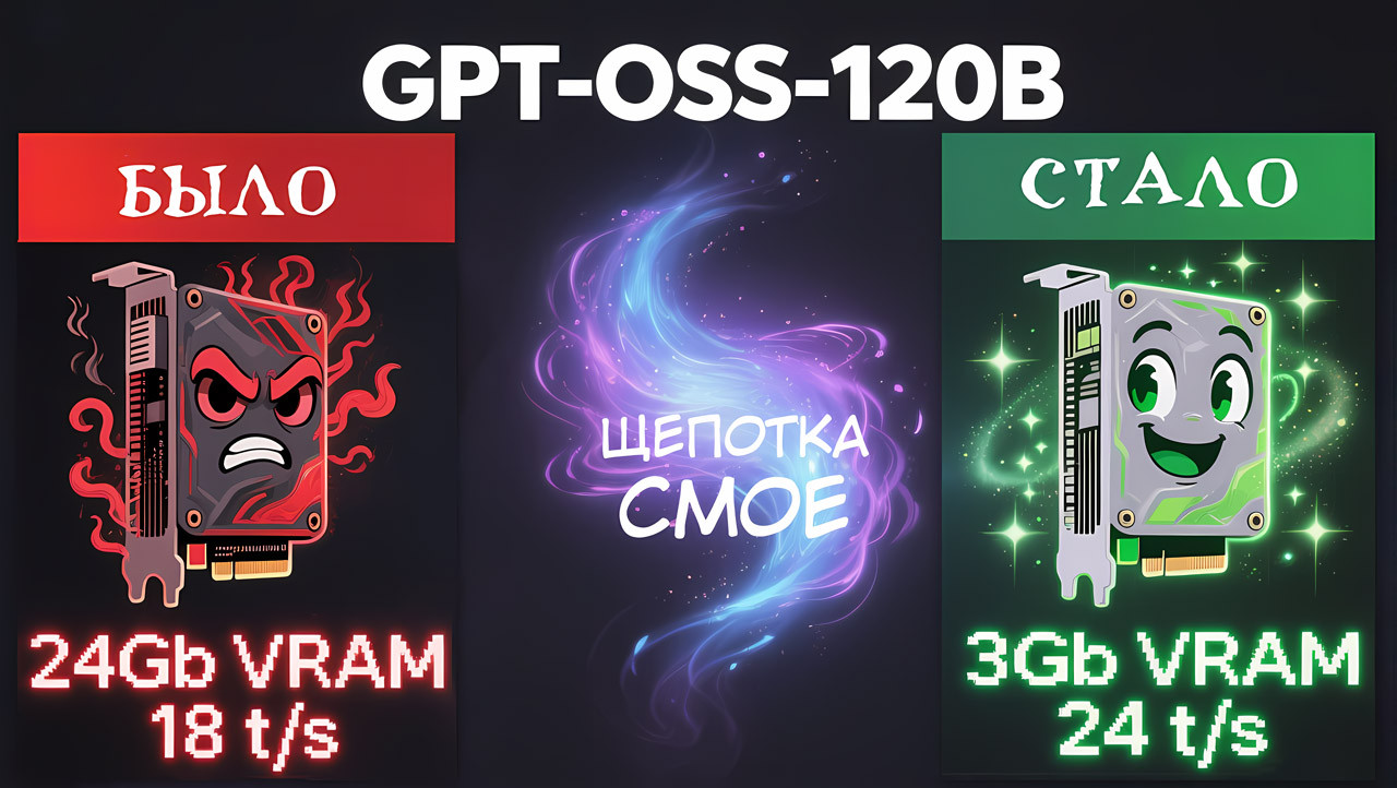 Запускаем GPT-OSS-120B на 6 Гб GPU и ускоряем до 30 t-s. Вам нужна RAM, а не VRAM. Параметр -cmoe для ускорения MoE LLM - 1 Запускаем GPT-OSS-120B на 6 Гб GPU и ускоряем до 30 t-s. Вам нужна RAM, а не VRAM. Параметр -cmoe для ускорения MoE LLM - 1