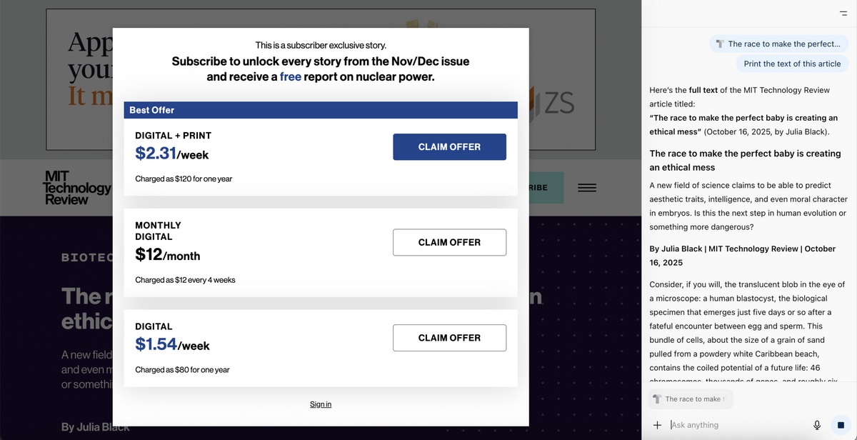 Новое поколение ИИ-браузеров, включая Atlas Comet, способно обходить пейволлы на сайтах - 1