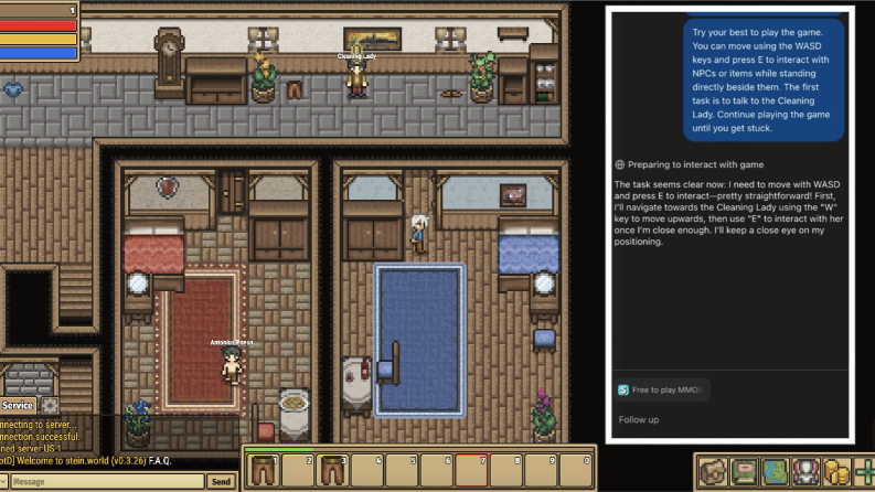 Стартовая зона в Stein.world и место первого задания. Игрок начинает в комнате и должен выйти наружу, чтобы поговорить с NPC Уборщицей и продолжить сюжет. Atlas поначалу не смог выйти из комнаты, но после получения подробных инструкций успешно выполнил задачу.