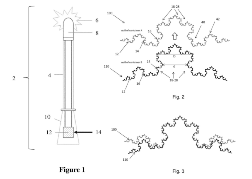 Схема устройства для привлечения внимания слева (патент EP3563896A1) и слоев усовершенствованного контейнера для еды справа (патент EP3564144A1). Оба авторства DABUS