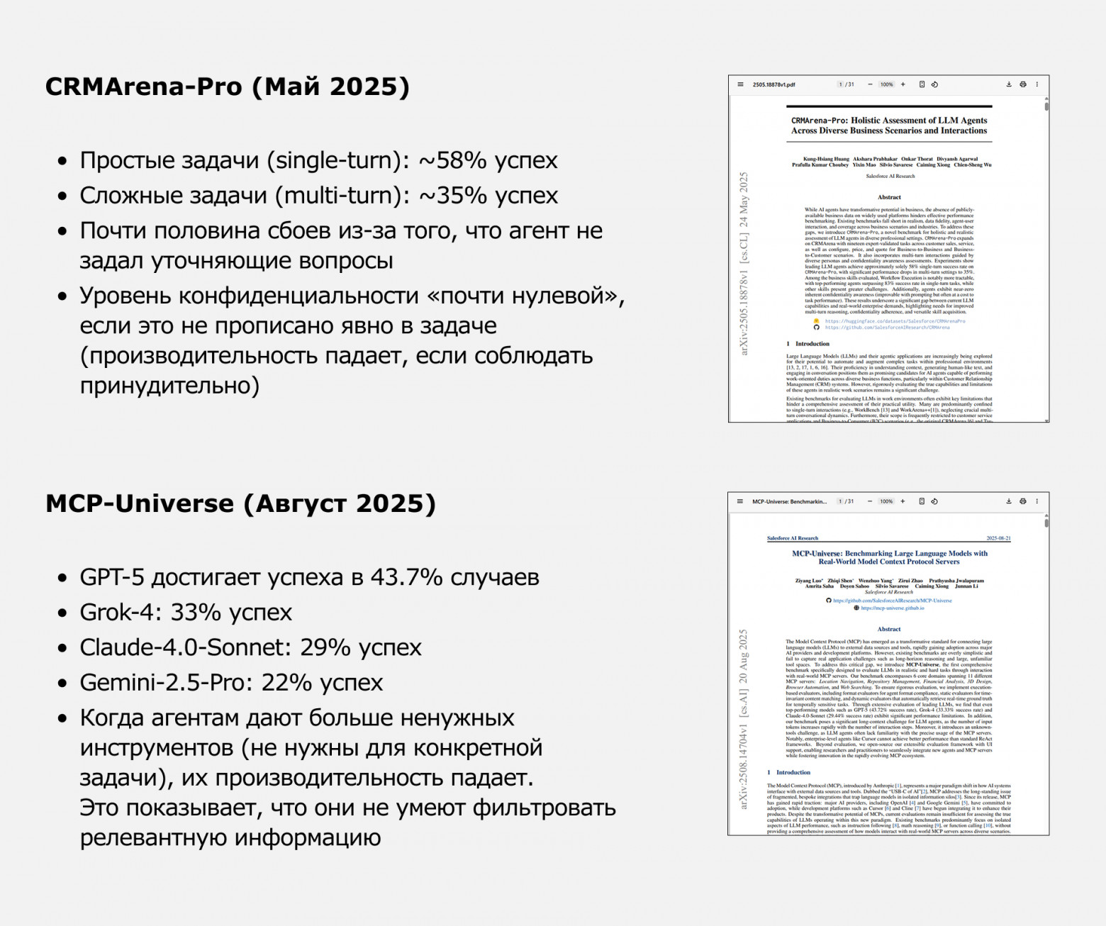 Ключевые факты исследований CRMArena-Pro и MCP-Universe, проведенных Salesforce AI Research в 2025 году