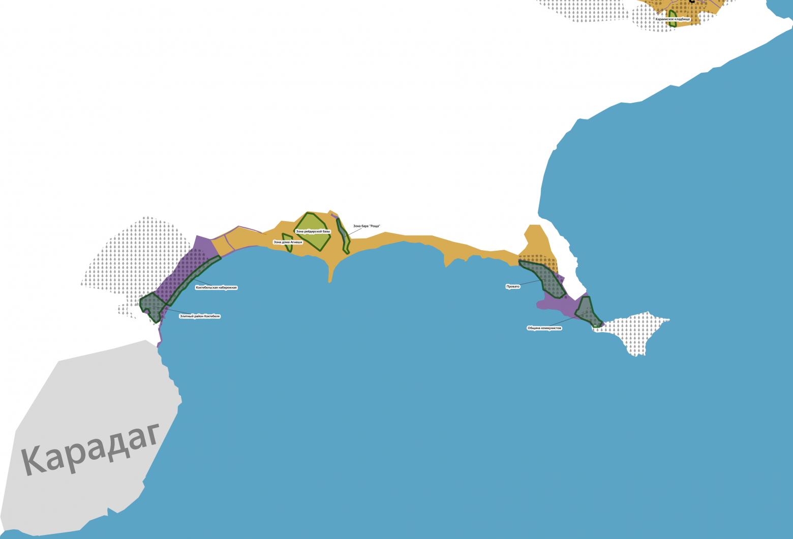 Коктебель, зоны на холмах расставлены приблизительно; Феодосия находится севернее и можно увидеть её фрагмент