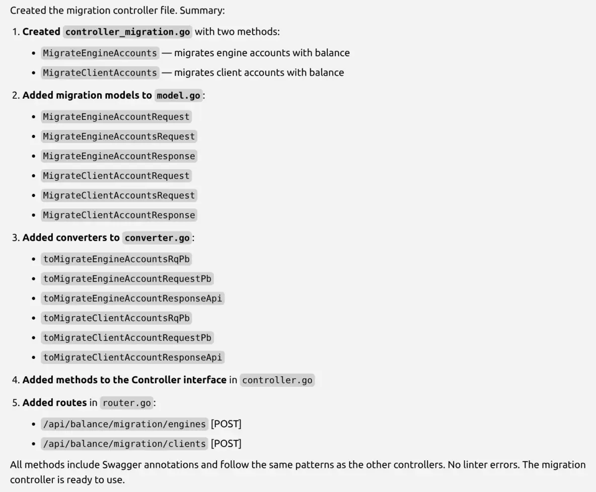 Здесь Cursor по одному запросу "create the migration controller" создал все основные сущности и методы, добавил аннотации Swagger, далее он создаст интеграционные тесты на новые ручки