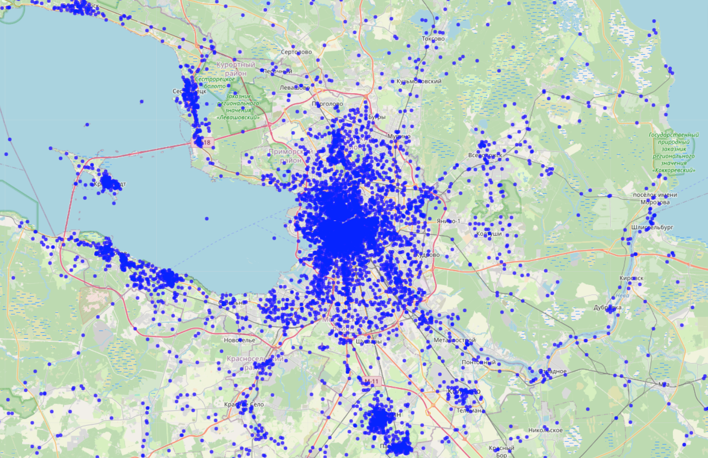 Объекты Википедии с координатами в районе Санкт-Петербурга
