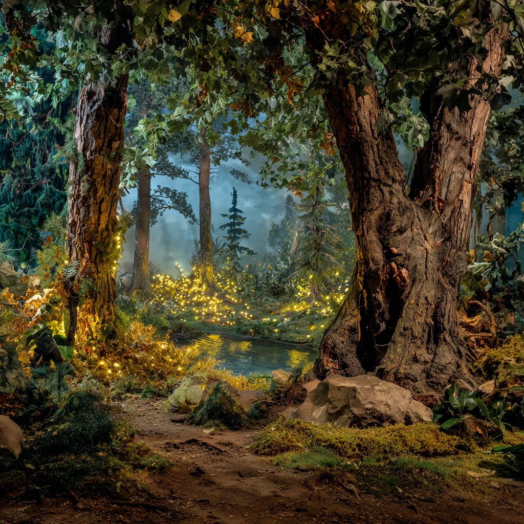 Сказочный лес с мерцающими огнями ночью  (Midjourney)