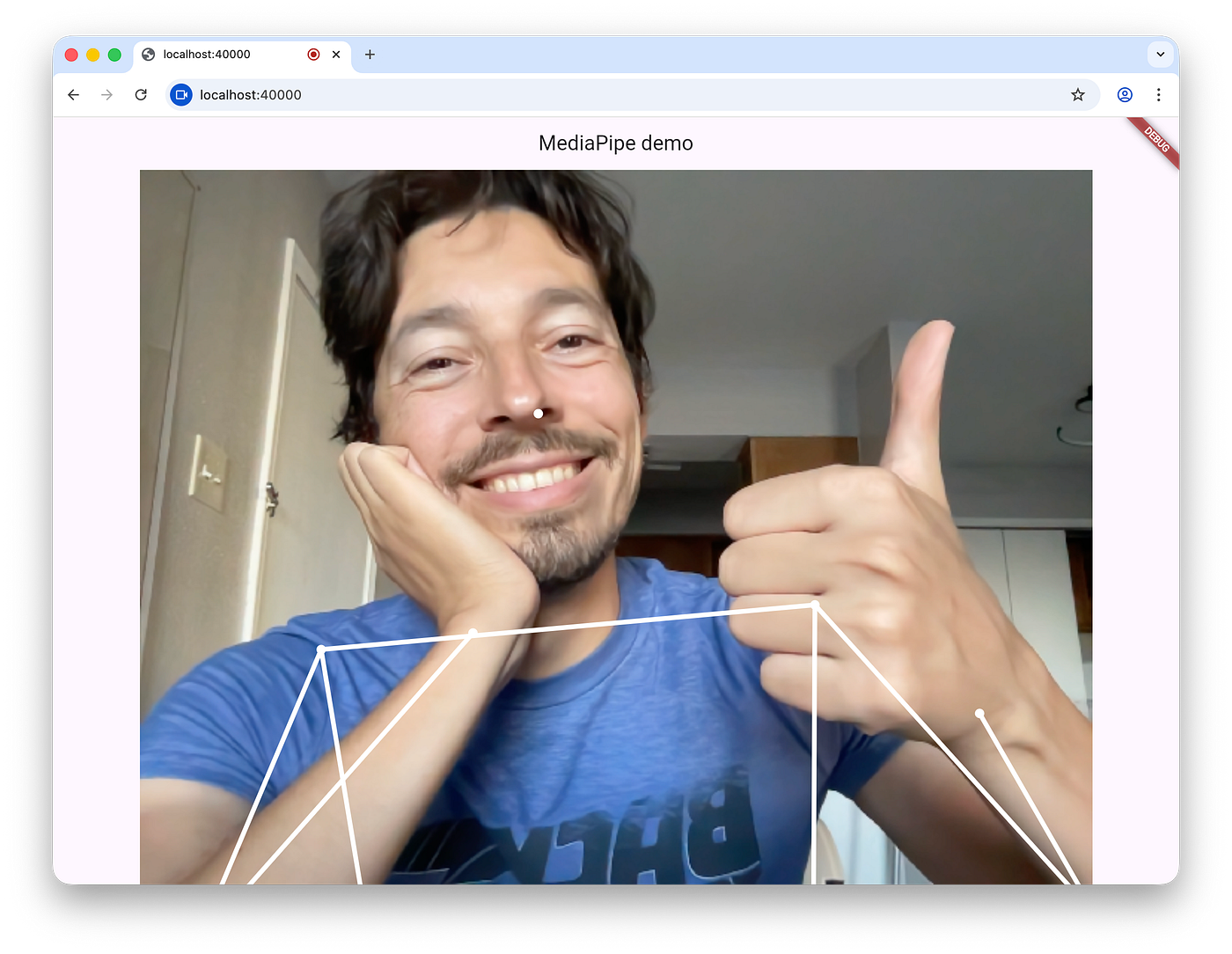 Скелет, нарисованный поверх видео с камеры. Всё готово.