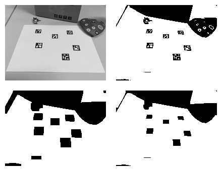 Aruco markers: original, thresholded, eroded, dilated
