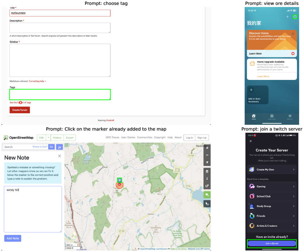 Примеры ошибок: зелёная рамка — эталон, красная точка — предсказание. Видно, как промахи концентрируются возле мелких целей.