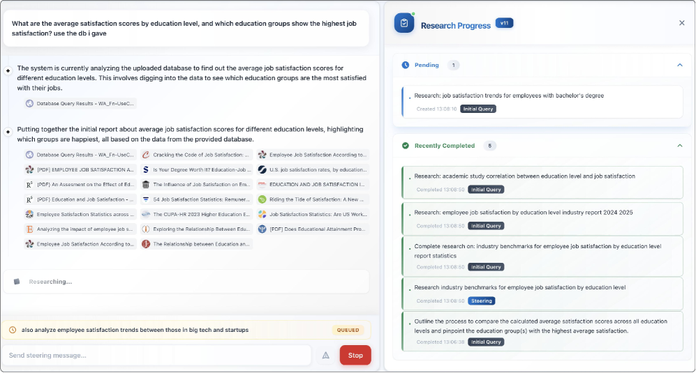Слева показан прогресс с кратким итогом текущего шага, в панели прогресса — статус задач. Каждая задача снабжена статусом и происхождением с отметками времени для полной прозрачности.