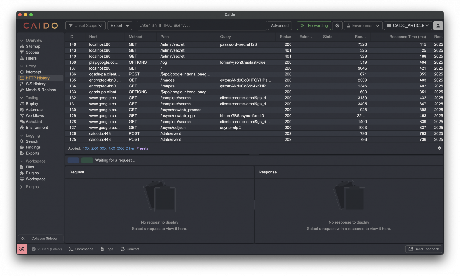 Главный интерфейс Caido