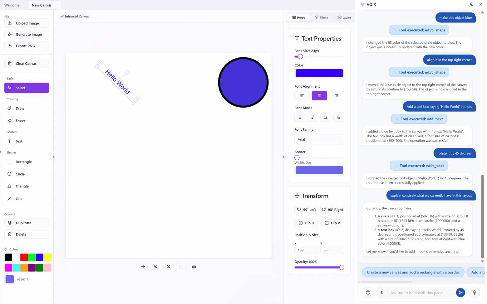 Приложение для графического дизайна демонстрирует синергичное мультимодальное взаимодействие с VOIX: динамические элементы контекста и набор инструментов позволяют LLM вносить точечные изменения по инструкции пользователя.