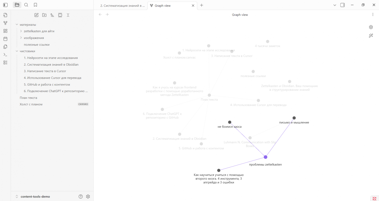 Между отдельными тезисами можно устанавливать связи и рассматривать их как объёмную модель.