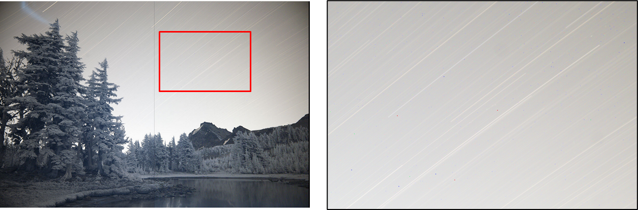В правой части пейзажа темновой ток не корректировали, из-за чего шумы мешают наслаждаться звёздными треками. Spigget, en.wikipedia.org.