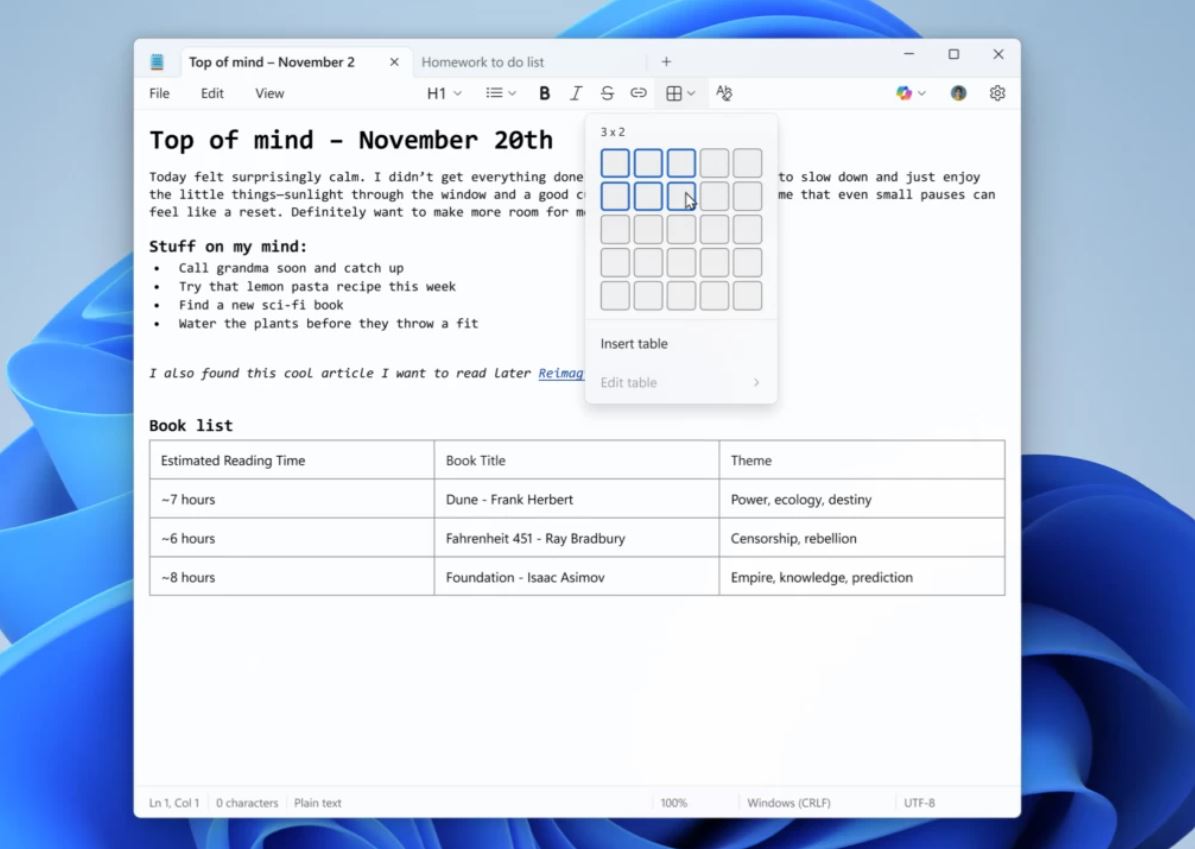 В «Блокнот» теперь можно добавлять таблицы - 1