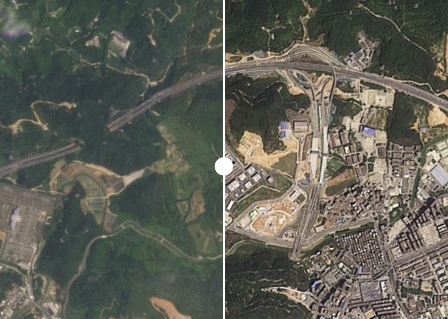 Строительство мегафабрики в районе Шэньчжэня. Слева — 2022 год, справа — май 2025 года.