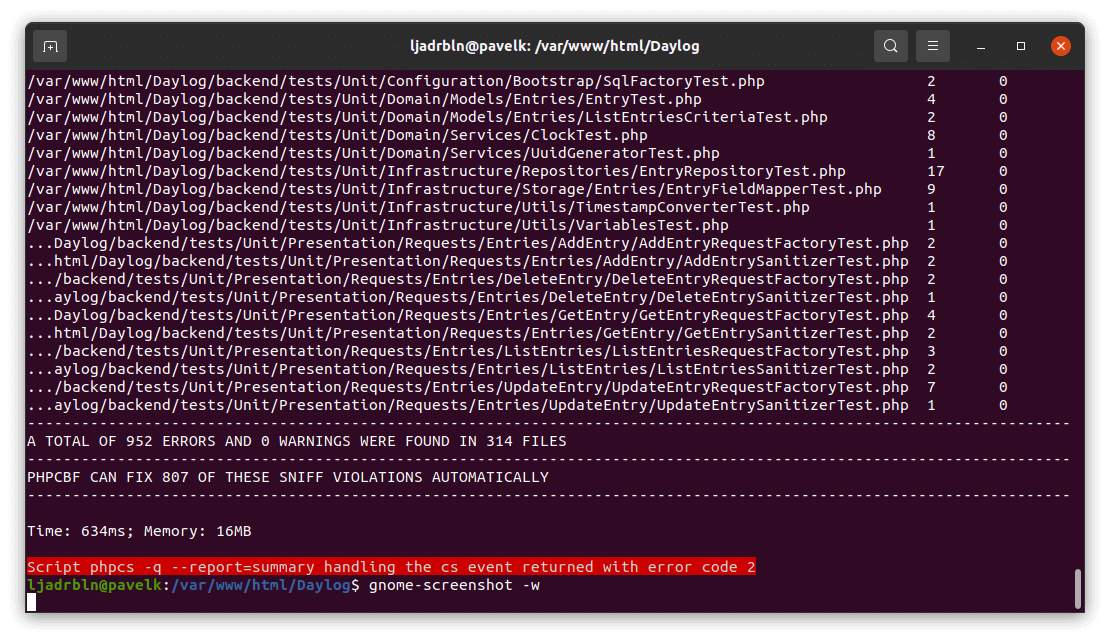 Результат проверки PHPCS