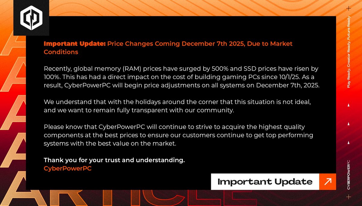 CyberPowerPC предупредила о резком росте цен на ПК из-за подорожания оперативной памяти и твердотельных накопителей - 1