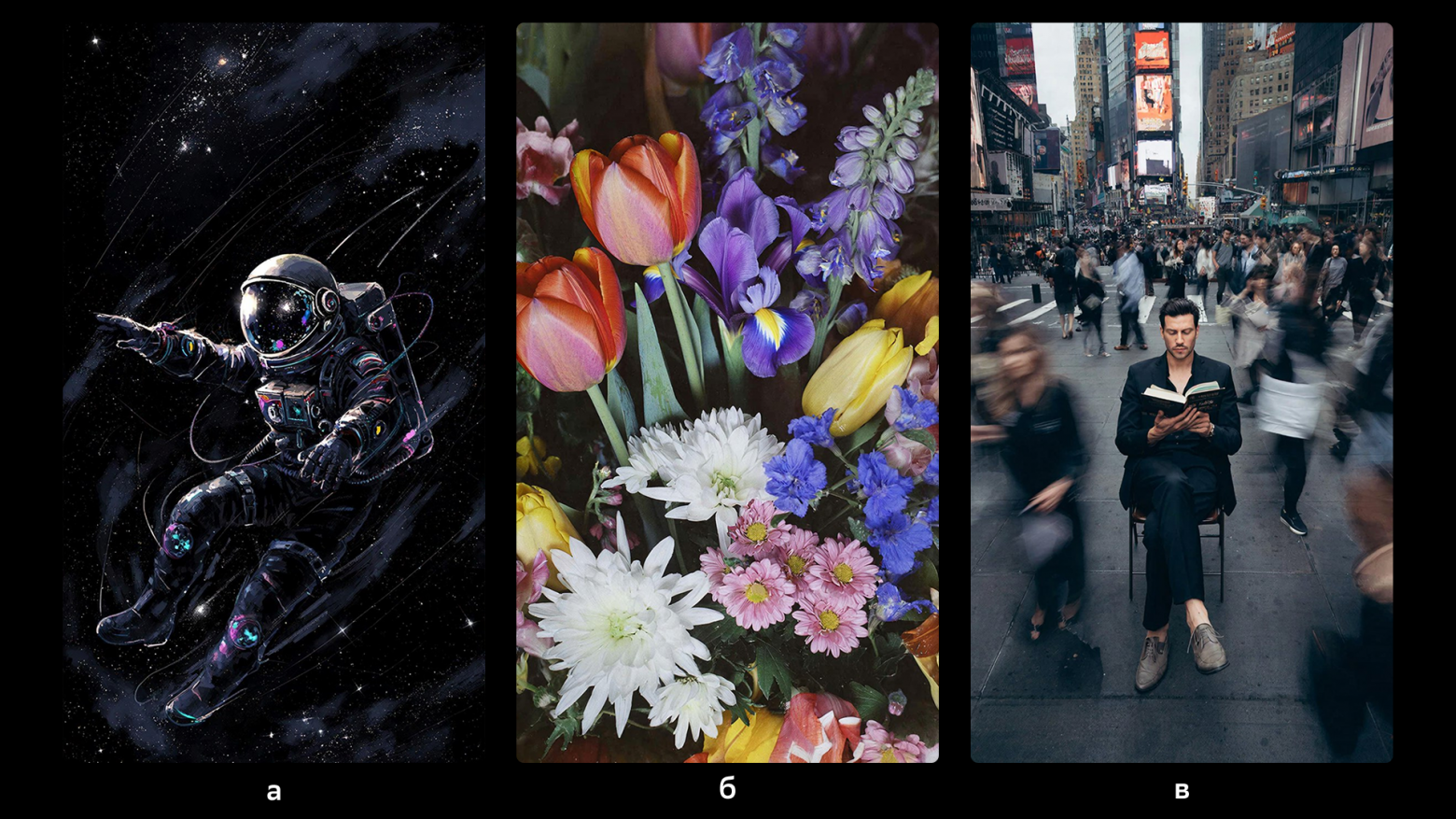(а) Астронавт в стиле Кацухиро Отомо, летит в тёмном космосе.  (б) Фотография со вспышкой в ​​стиле 90-х, сделанная на цветную плёнку. Крупный план, зернистое винтажное изображение тюльпанов и ирисов, искусно составленных в прекрасную цветочную композицию. В композицию входят фиолетовые цветы, белые хризантемы, розовые ромашки, жёлтые лепестки тюльпанов и ярко-синие полевые цветы, зернистость плёнки.  (в) Ультрареалистичное изображение: мужчина читает книгу, сидя на стуле. Мужчина в чёрном костюме, узких туфлях. Вокруг него проходит множество людей. Размытость изображения на Таймс-сквер в Нью-Йорке. Камера расположена сверху на мужчину.  