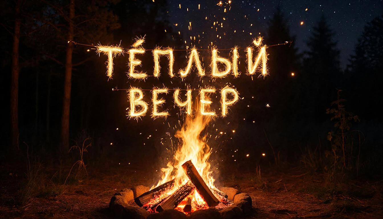 Ночной лесной пейзаж возле уютно потрескивающего костра. Над огнём поднимаются мерцающие золотистые искры, складывающиеся в светящуюся надпись "ТЁПЛЫЙ ВЕЧЕР". Искры медленно взлетают вверх, создавая волшебную атмосферу. Тёмное небо усыпано звёздами; лёгкий ночной ветерок колышет ветви деревьев. Детальная прорисовка огня, теней и света создаёт ощущение тепла и уюта. Реалистичное фотоизображение с высоким разрешением, акцент на мягком освещении и воздушной перспективе.  