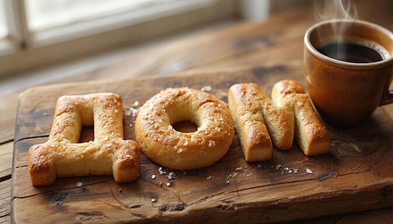 На деревянной разделочной доске рустикальными буквами из хлебного теста выложено слово "ДОМ". Буквы имеют аппетитную золотисто-коричневую подрумяненную корочку, поверх которой рассыпаны мелкие кристаллы морской соли, создающие эффект деликатной хрустящей посыпки. Справа от надписи слегка размывается теплая керамическая чашка с ароматным свежесваренным кофе; над поверхностью кружится едва заметный пар. Мягкий уютный свет раннего утра мягко струится сквозь окно, создавая теплую атмосферу домашнего спокойствия и комфорта. Детальная прорисовка текстур хлеба, дерева и пара подчеркивает натуральность и естественность сцены. Реалистичное фото, высокое качество, акцент на текстуре и освещении.