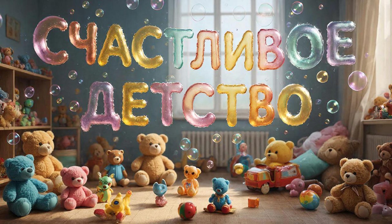 Надпись "Счастливое ДЕТСТВО" из цветных мыльных пузырей по центру детской комнаты с медвежатами и игрушками