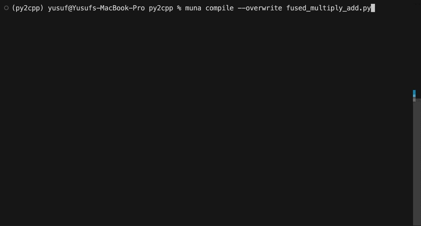 Так выглядит компиляция функции Python в терминале Muna 