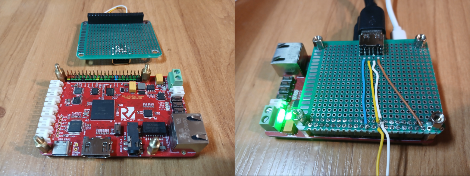  Рис. 14. Плата «Карно» и макетная плата с USB разъемом: слева — раздельно, справа — макетная плата установлена на HEX-стойки и подключена к разъему GPIO.