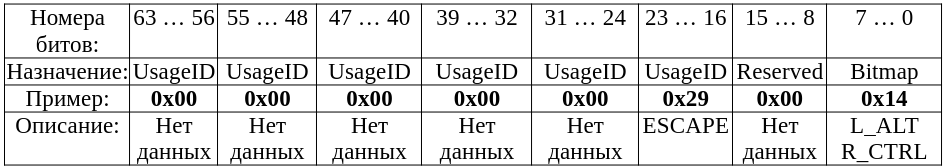  Таблица 13.3. Формат рапорт от стандартной клавиатуры, с примером.