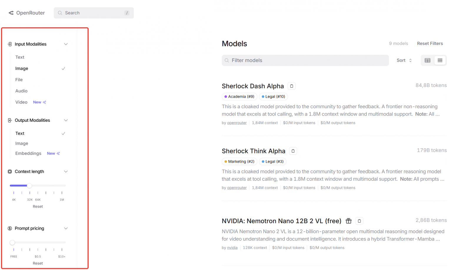 Фильтры для выбора LLM в OpenRouter