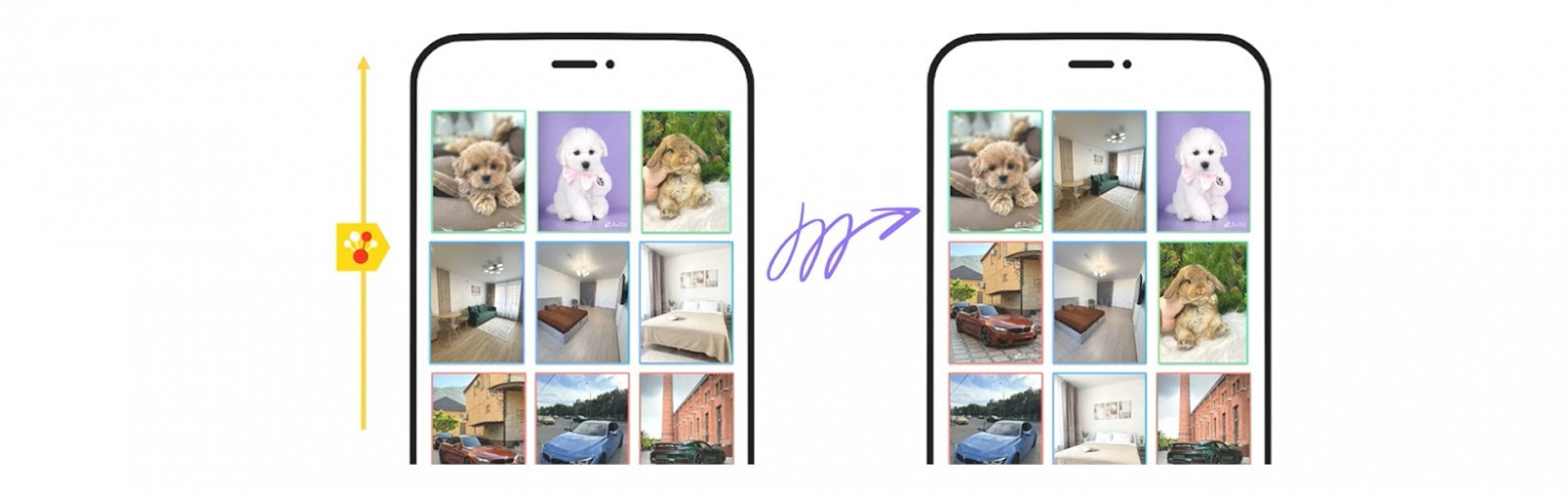 Примеры выдач без блендера и с ним. На изображении справа видно, что объявления одной категории больше не выстраиваются в ряд, а разбавляются другими
