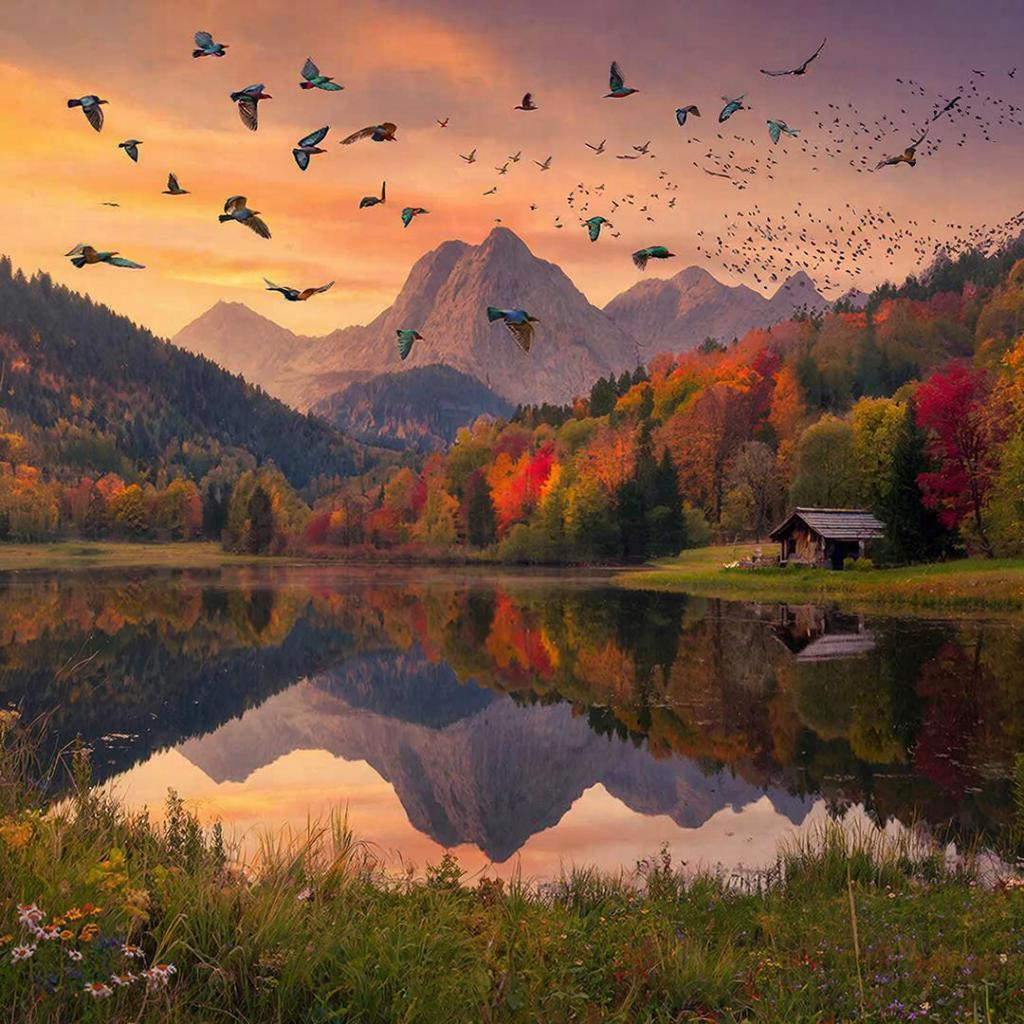 Фантастический пейзаж, где величественные горы встречаются с яркими цветами осеннего леса. На переднем плане располагается спокойное озеро, отражающее окружающую природу. В небе парят разноцветные птицы, а на фоне виден закат с яркими оттенками оранжевого и пурпурного. Добавь небольшой деревянный домик у озера, окруженный цветами и травами, чтобы создать атмосферу уюта и спокойствия.  