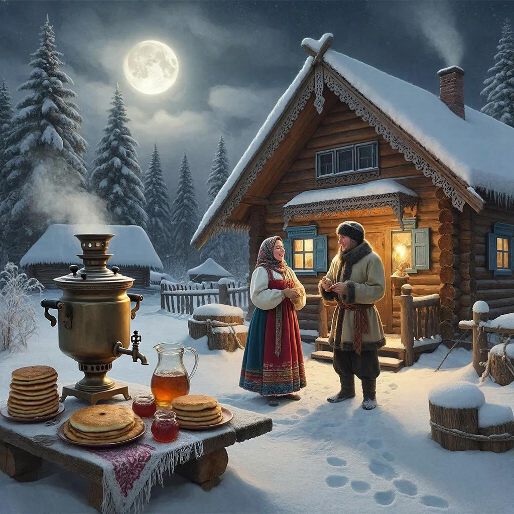 Создай атмосферную сцену зимнего вечера в русской деревне. На переднем плане - изба с резными наличниками и дымом, поднимающимся из трубы, окруженная снежными сугробами. Рядом с избой стоит самовар, на столе - традиционные угощения: блины, варенье и квас. Вдалеке виднеются заснеженные ели, а на небе светит яркая луна, освещая сцену. Добавь пару фигур, одетых в традиционные русские костюмы, которые собираются у избы, рассказывая сказки и поющие народные песни, чтобы подчеркнуть теплую и дружелюбную атмосферу русской зимы.