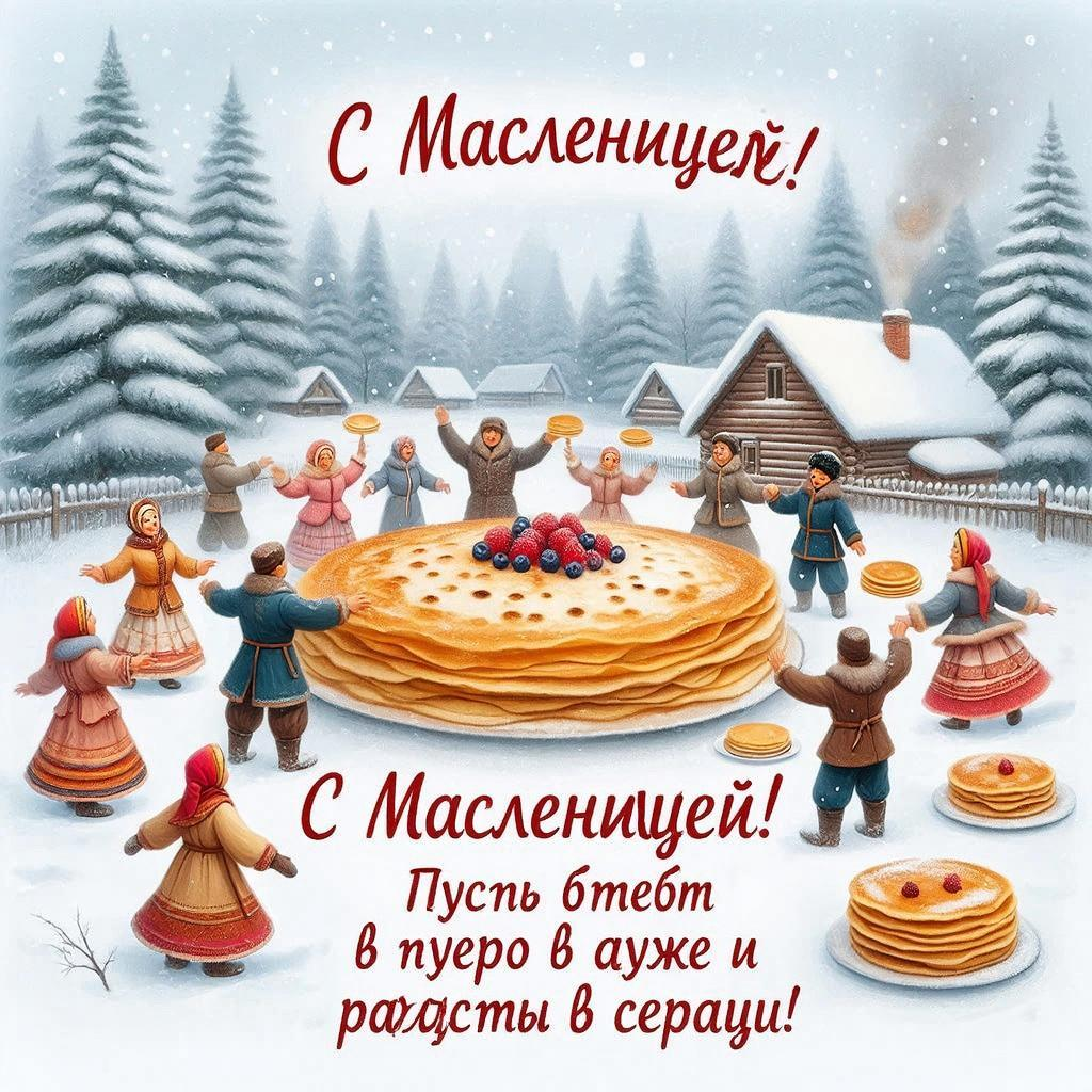 Создай изображение, изображающее традиционный русский праздник Масленицу. На переднем плане - яркое сценическое действие с людьми в народных костюмах, которые танцуют и веселятся вокруг большого блина, украшенного цветами. Вокруг них - снежные пейзажи и ели, а в небе - легкие снежинки. На заднем плане виднеется изба с дымом, поднимающимся из трубы. В верхней части картинки добавьте надпись: “С Масленицей! Пусть будет тепло в душе и радость в сердце!” 