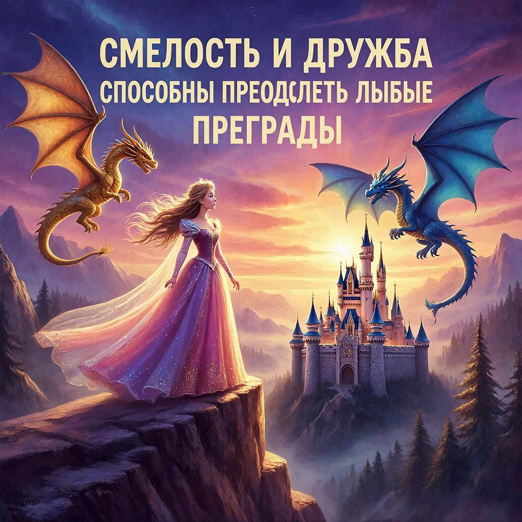 Создай волшебную сцену в сказочном королевстве, где принцесса стоит на высоком утесе, глядя на летящих драконов в ярком закате. Принцесса одета в красивое платье с блестками и длинным шлейфом, а ее волосы развеваются на ветру. В небе парят два дракона - один из них с золотыми чешуями, а другой - с ярко-синими. На заднем плане виден замок с высокими башнями, окруженный густым лесом. В верхней части картинки добавь надпись: “Смелость и дружба способны преодолеть любые преграды”. 