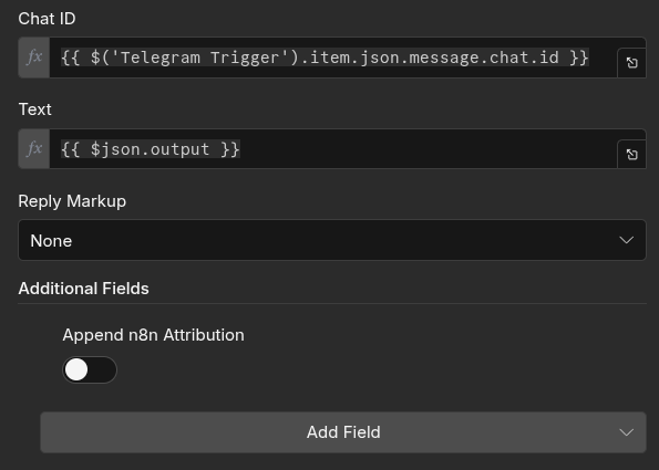 Так выглядит настройка узла Telegram Send Message