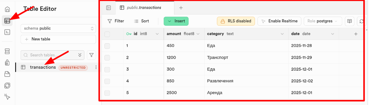 Посмотреть записи таблицы можно в окне Table Editor