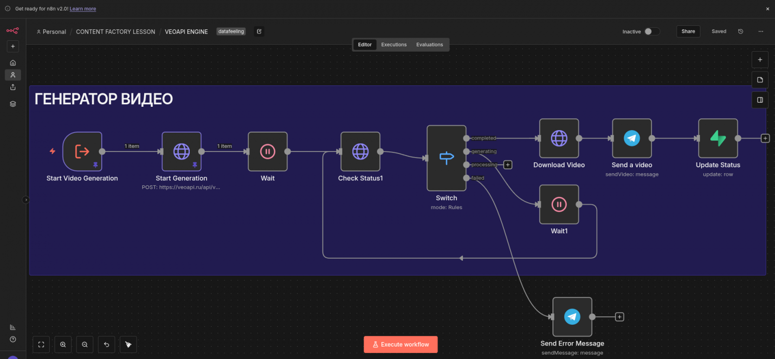 Пример генерации видео в n8n