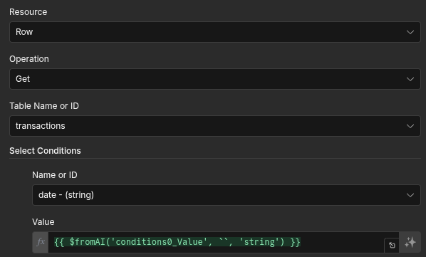 Настройки узла Supabase tool