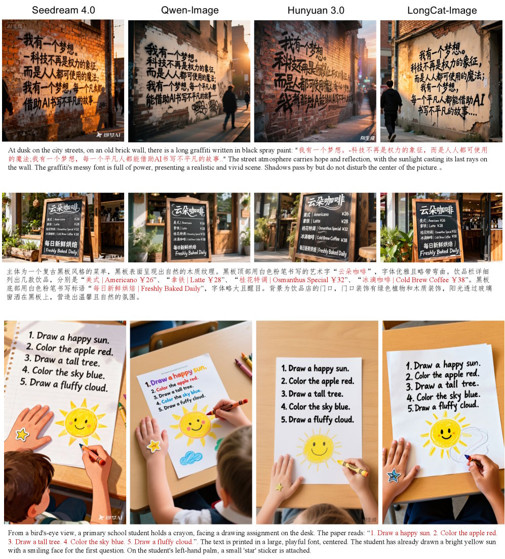 Сравнительные тесты показывают, как модели обрабатывают текст в сложных сценах, таких как граффити на кирпичных стенах и многоязычные меню  