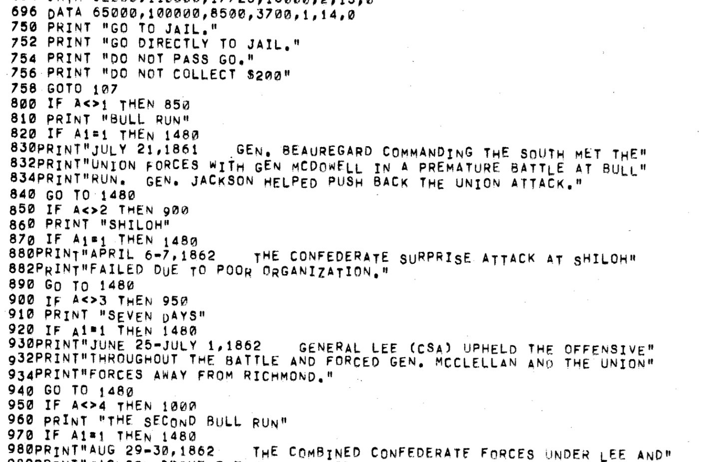 Фрагмент кода игры Civil War, симулятора, созданного старшеклассниками в Лексингтоне, штат Массачусетс, в 1968 году и включенного в книгу Ахла «101 компьютерная игра на языке BASIC». Набрать что‑то подобное на собственном компьютере требовало большого терпения [Ахл, «101 компьютерная игра на языке BASIC», с. 81].