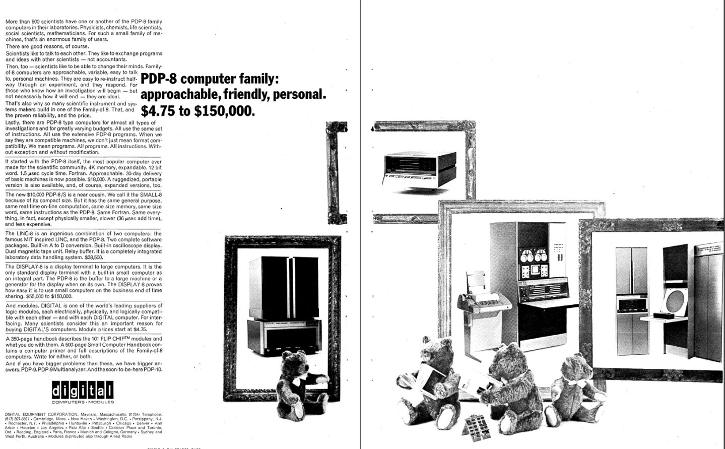 Рекламный ролик 1966 года, изображающий различные модели PDP-8 в окружении милых плюшевых мишек [ Datamation, октябрь 1966].