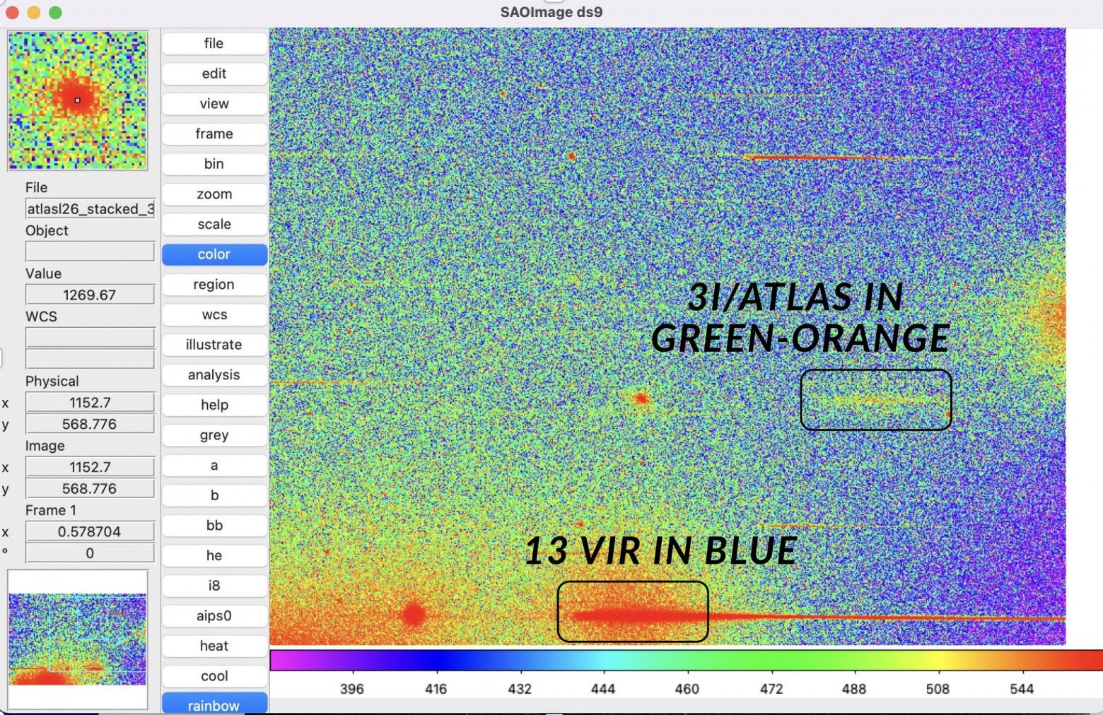 DS9: снимок спектра 3I/ATLAS и звезды 13 Vir в астрономической программе, для наглядности и создания контраста применена цветовая шкала rainbow. 