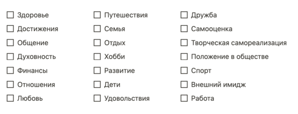 Выберите какие сферы вам важно реализовать в течение года