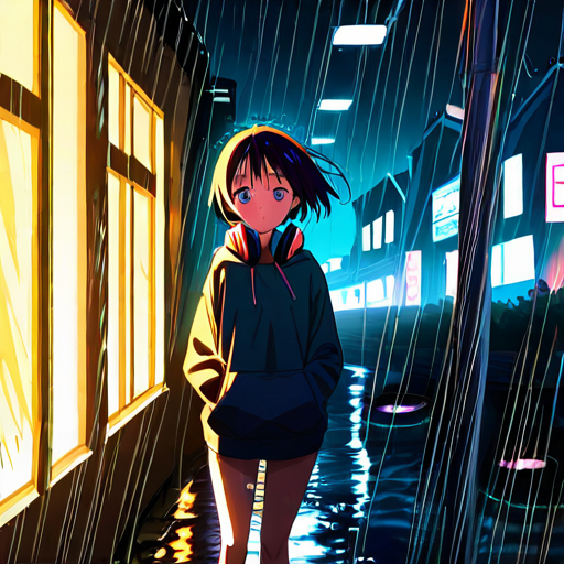 SD «Аниме-постер: неоновая улица и дождь»