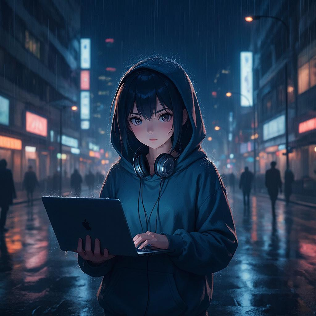 Kandinsky «Аниме-постер: неоновая улица и дождь»