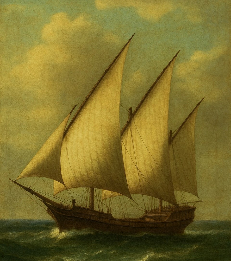 Шебека, нарисованная ChatGPT. У него нет образцов  – и с мачтами проблемы. Причем, это – самый лучший результат из огромного количества попыток.