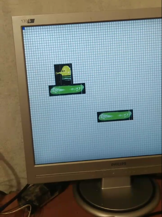 Взаимодействие ГГ с объектами. ГГ циклично падал сверху в низ и должен был останавливаться на островках. Островки в свою очередь двигались горизонтально от края до края.